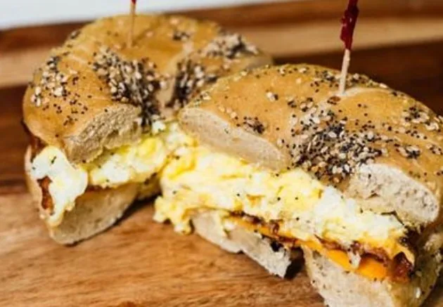 A boxed breakfast sandwich
