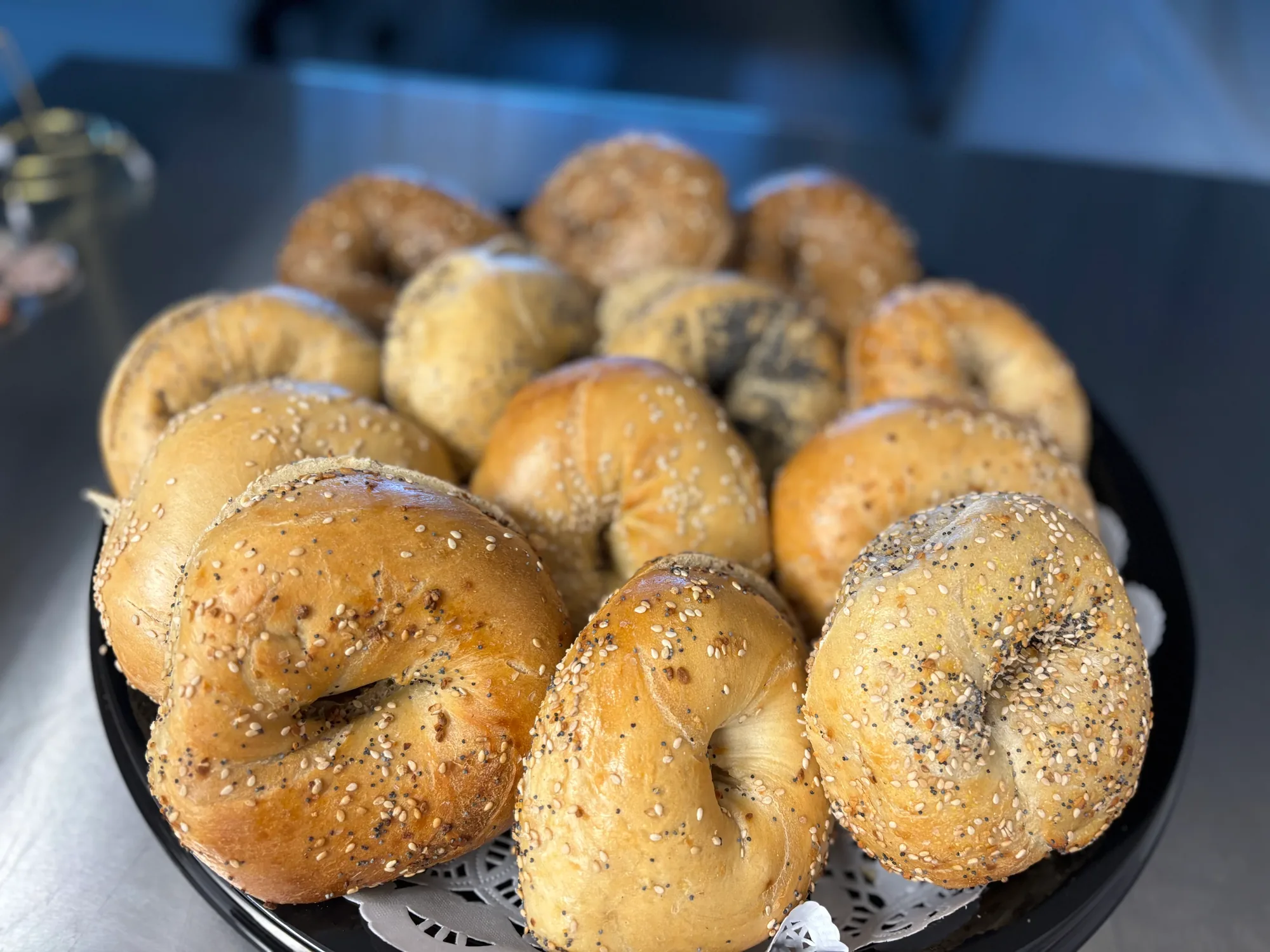 A catering platter of fresh assorted bagels from Indy Bagels